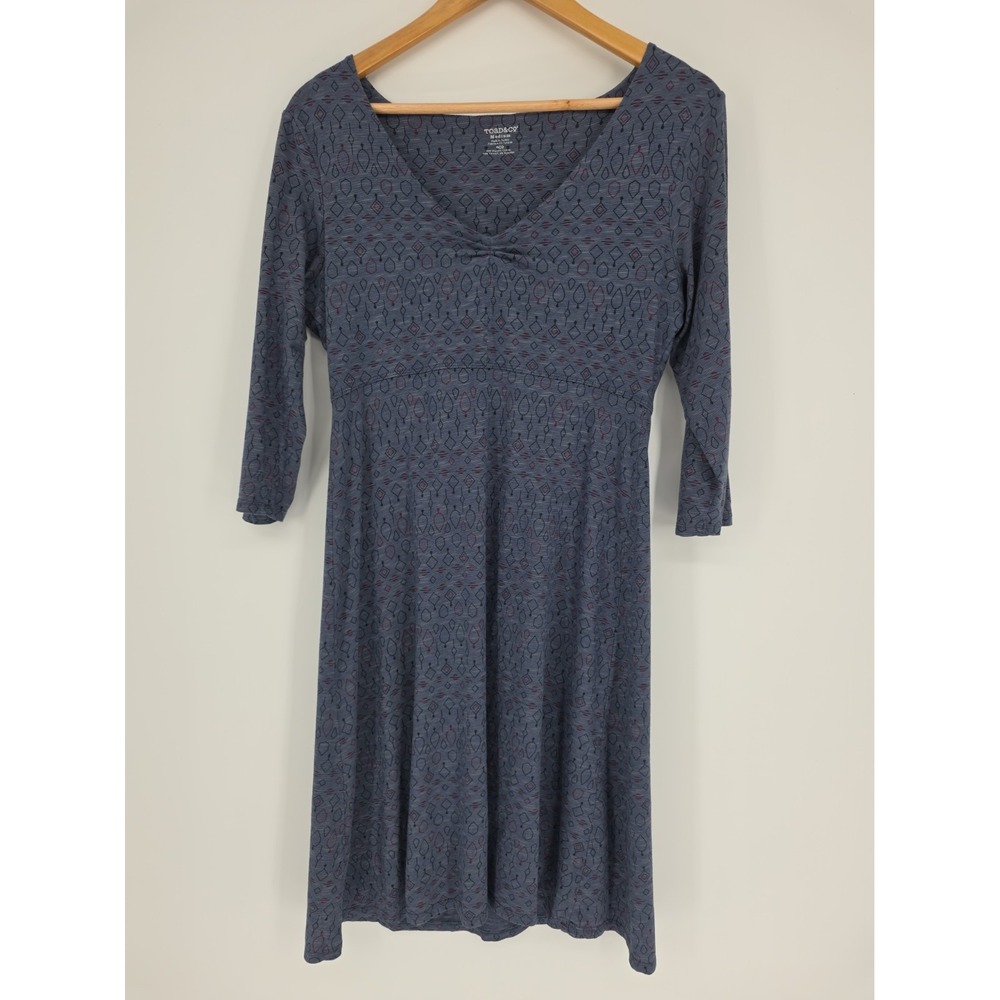 Toad & Co Rosalinda Dress Organic Cotton 3/4 Length Sleeve Blue Red Geo Print M